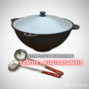 Pentola kazan uzbeka da 8L a 22L Namangan con fondo piatto, coperchio + mestolo + schiumarola